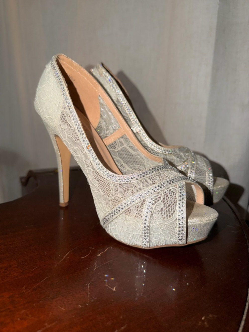 Lauren Lorraine Silver Lace Peep-Toe High Heels with Rhinestone Trim - Picture 2 of 7